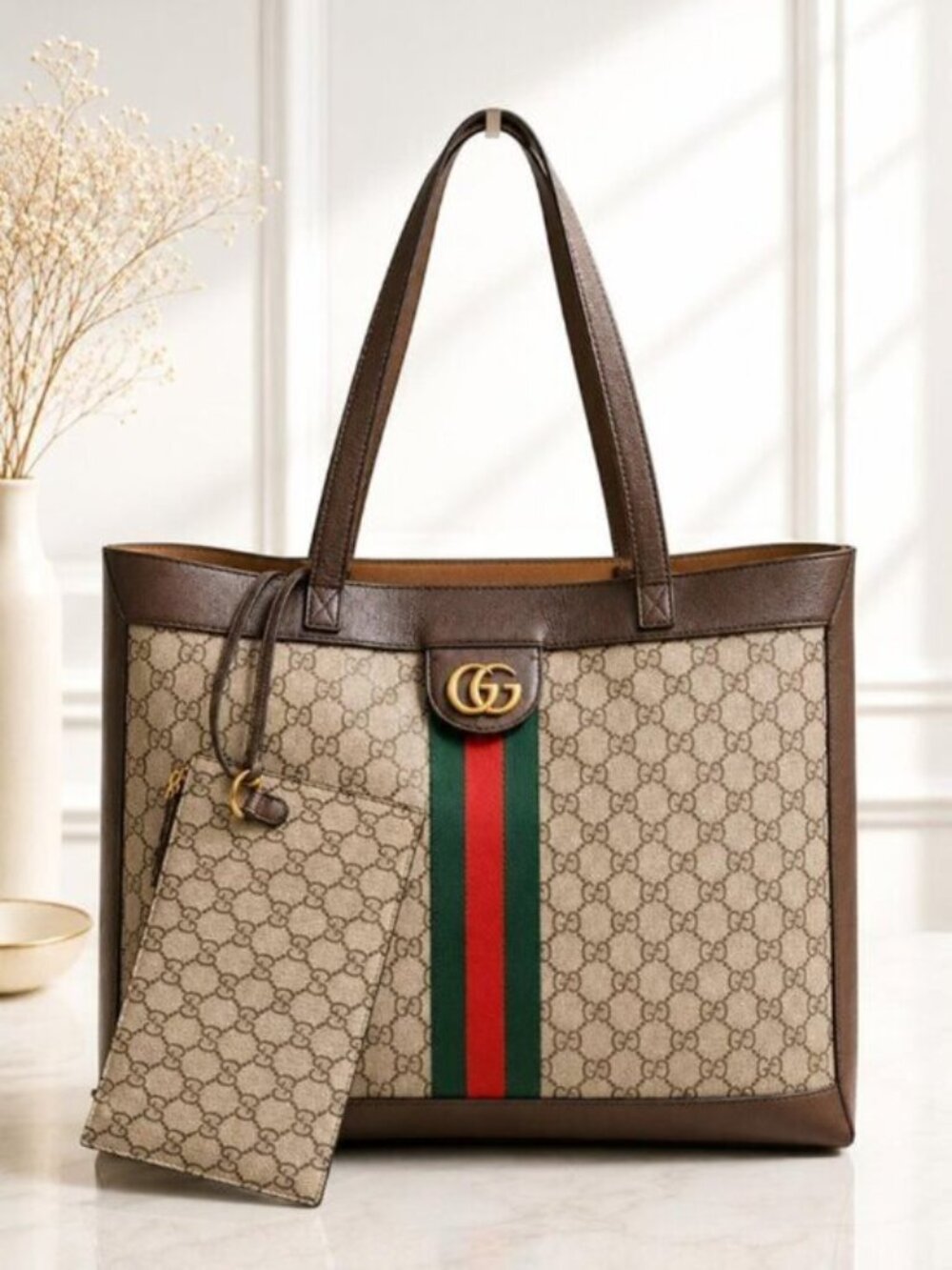 Authentic Gucci Ophidia GG Supreme Large Tote Bag Web Stripe w/ Pouch Bag